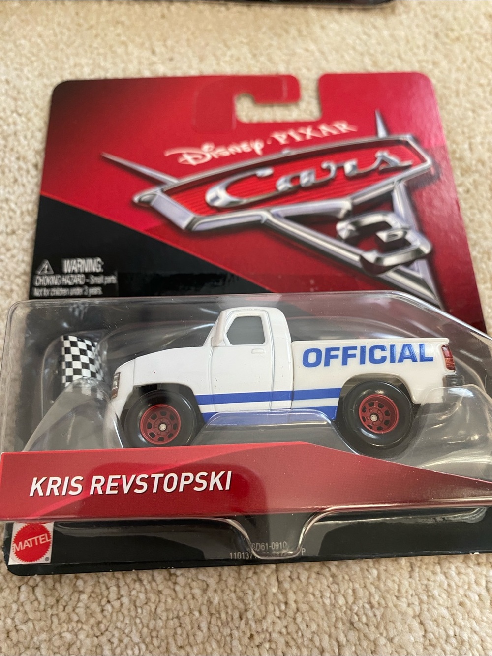 Mattel Cars Kris Revstopski White Pickup with Blue Stripes and Red Wheels